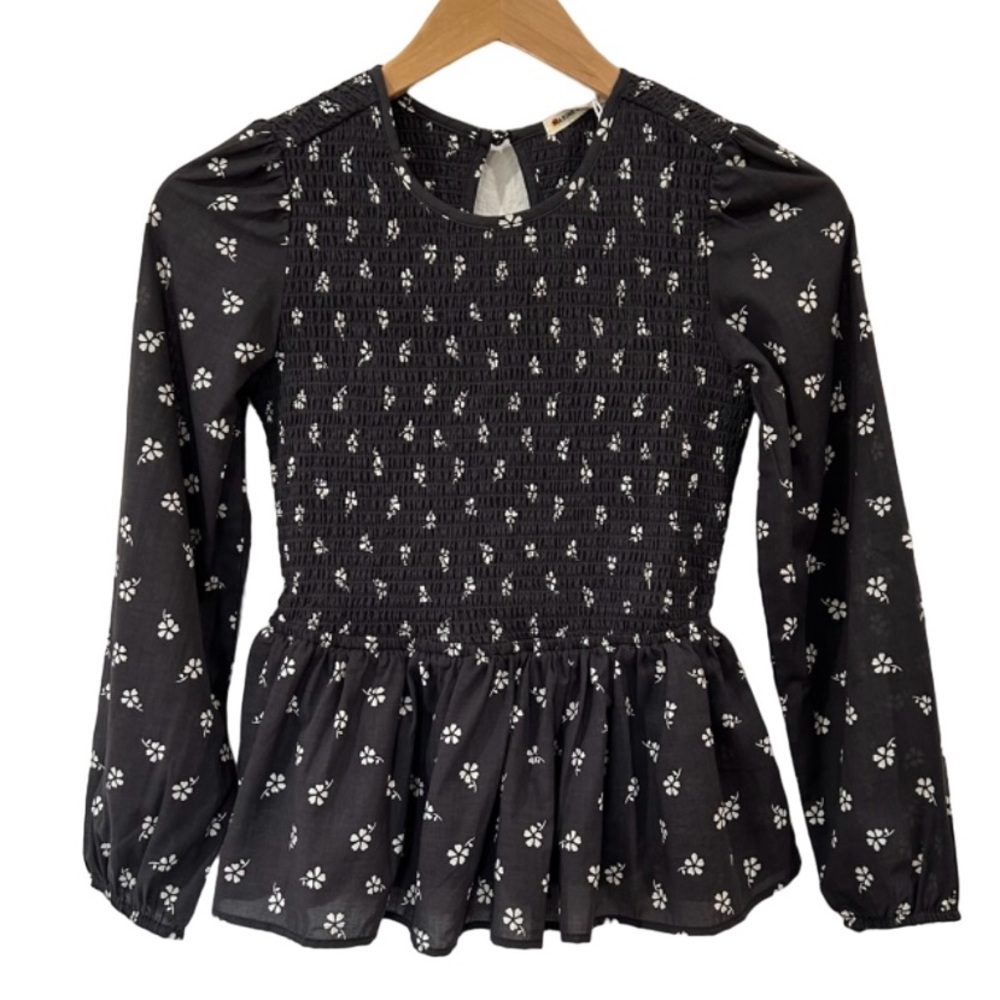 Marine Layer Gabrielle Smock Top XS Black Modern Ditsy Floral popover peplum NWT